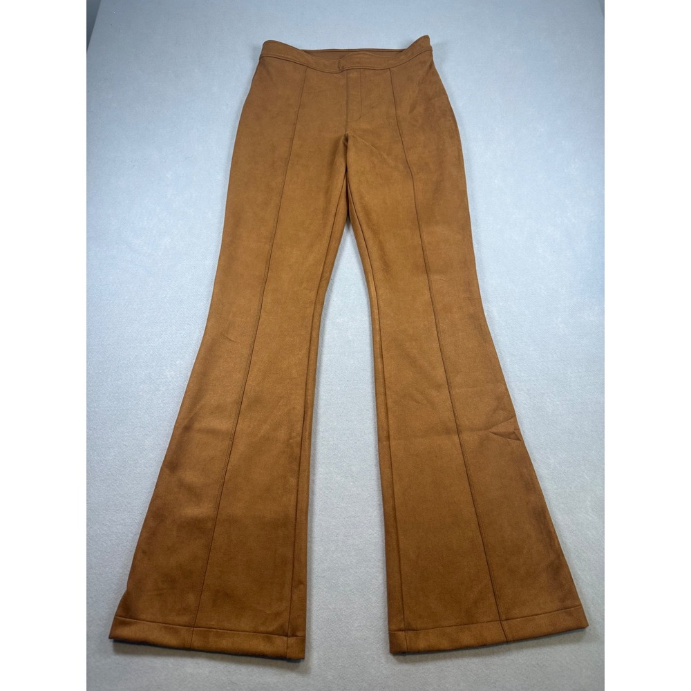Spanx Faux Suede Flare Pants Camel Brown High Rise Pintuck Seam Pull On Trousers